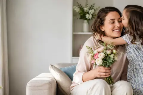 Bambina bacia la mamma che tiene un mazzo di fiori. Un momento dolce che ricorda quand'è la festa della mamma.