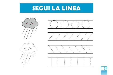 Schede prescrittura per bambini di 5 anni: segui la linea per disegnare le gocce di pioggia e le forme.