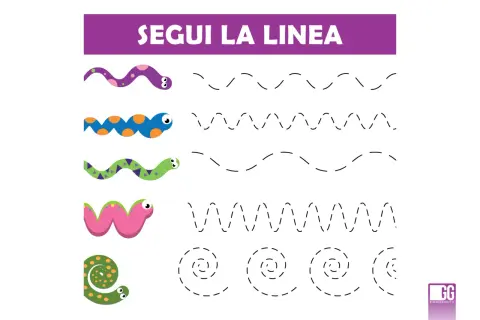 Esercizio di pregrafismo scuola infanzia: vermi colorati da far seguire a linee tratteggiate di varie forme.