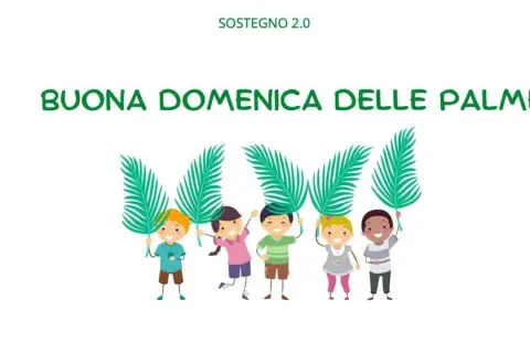 Bambini felici celebrano la Domenica delle Palme con rami verdi, un modo semplice per spiegare la festa ai più piccoli.