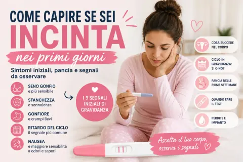 Donna con test di gravidanza in mano, con sintomi per capire se sta arrivando il ciclo o sei incinta.