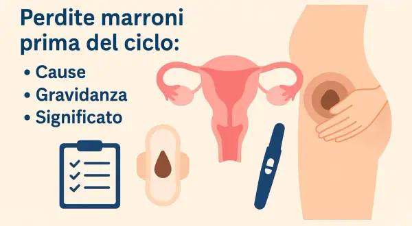 Illustration of uterus, pregnancy test, pad with brown spot, checklist, and pregnant belly.