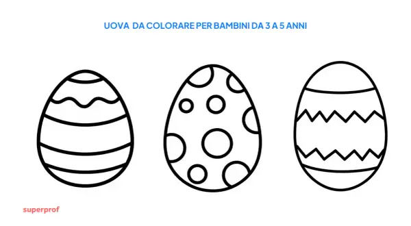 Tre disegni di pasqua bellissimi da colorare per bambini: uova con onde, pois e zig-zag.