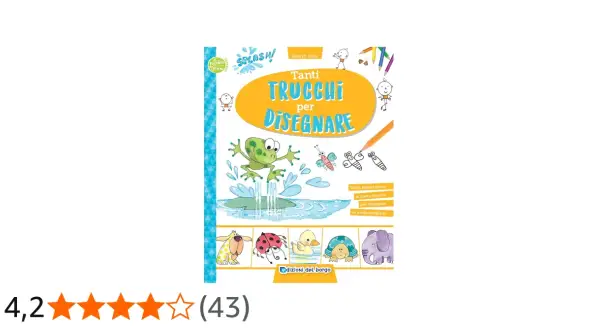 Copertina di un libro con disegni facili per bambini: una rana salta nell'acqua, insetti e animali simpatici.