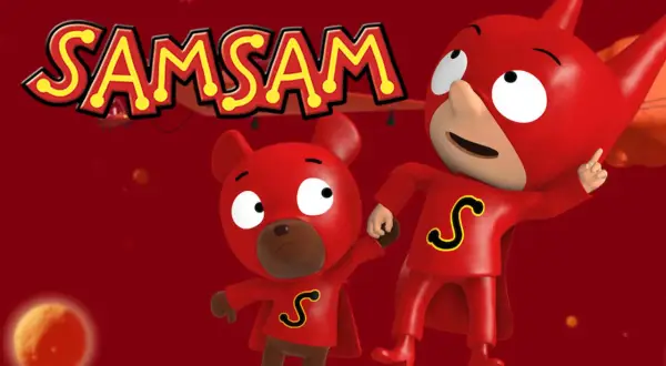 I due supereroi Samsam e SamSam, con mantello rosso e la lettera S sul petto, pronti all'avventura.