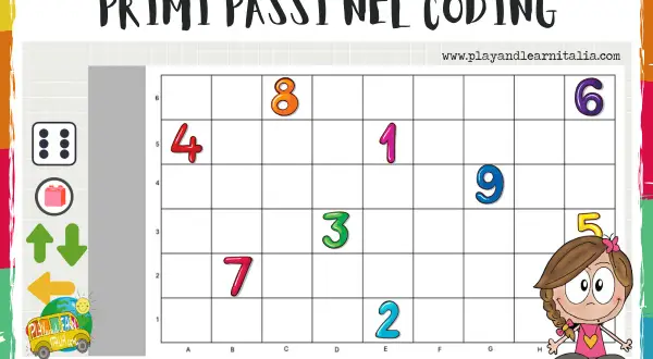 Griglia con numeri colorati per il coding per bambini. Icone di dadi, mattoncini e frecce per imparare.