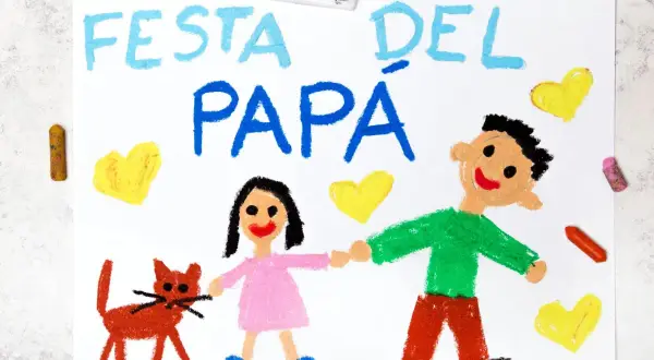 Disegno per la Festa del Papà: un papà, una bambina e un gatto, con cuori gialli. Perfetto per lavoretti per la festa del papà facili e creativi.