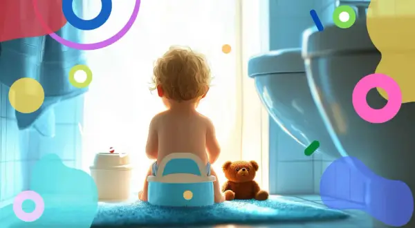 Bambino sul vasino, con orsacchiotto. Guida pratica su spannolinamento come fare, con consigli e supporto.