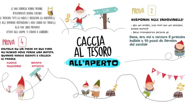 Una divertente caccia al tesoro per bambini con indovinelli, prove e simpatici gnomi.