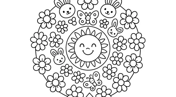 Mandala da colorare con sole sorridente, coniglietti, farfalle e fiori. Un disegno primaverile per stimolare la creatività.
