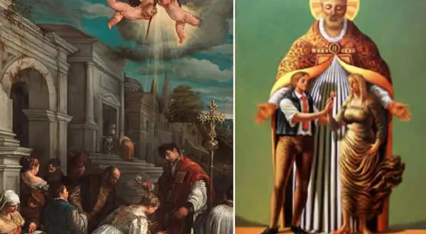 Un dipinto mostra San Valentino che benedice una coppia, mentre un altro narra la storia di San Valentino per bambini con angeli e una folla.