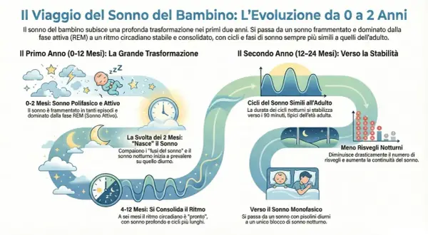 Il viaggio del sonno del neonato di 4 mesi: da sonno polifasico e attivo a 0-2 mesi, si consolida il ritmo tra 4-12 mesi, verso cicli simili all'adulto e meno risvegli notturni nel secondo anno.