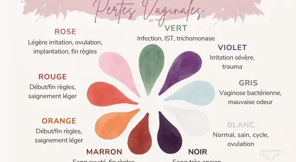 Guida ai colori delle perdite vaginali: rosa, rosso, arancione, marrone, nero, bianco, grigio, viola, verde. Ogni colore indica diverse condizioni, non solo false mestruazioni.