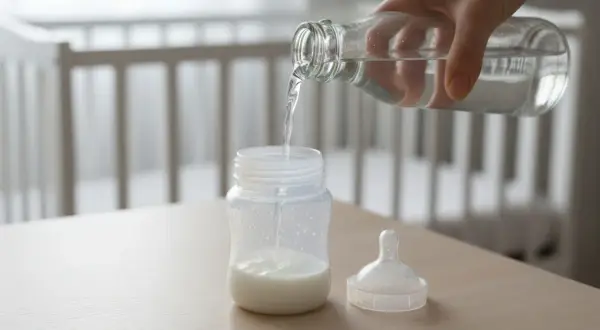 Preparazione del biberon con latte vaccino per bambini. Acqua versata da una bottiglia in un biberon con latte.