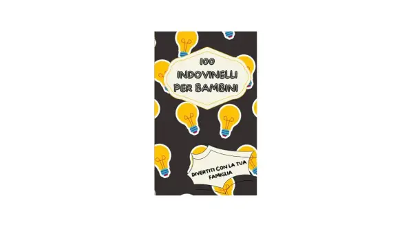 Copertina di "100 indovinelli con risposta per bambini", con lampadine gialle su sfondo scuro. Divertimento in famiglia assicurato!