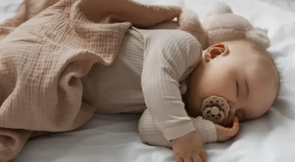Un neonato dorme sereno con un ciuccio, avvolto in una coperta color pesca. Un'immagine che ispira su come far addormentare un neonato.