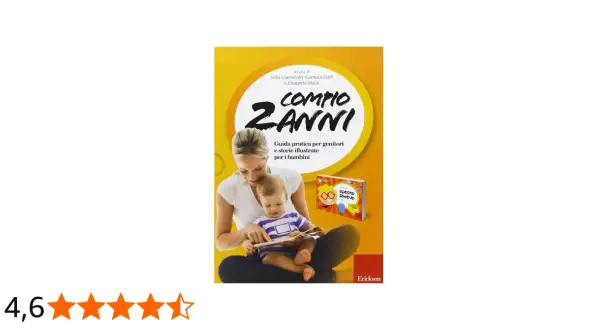 Mamma legge un libro a un bambino di 2 anni. La copertina del libro recita "Compio 2 anni", una guida per genitori e storie illustrate.