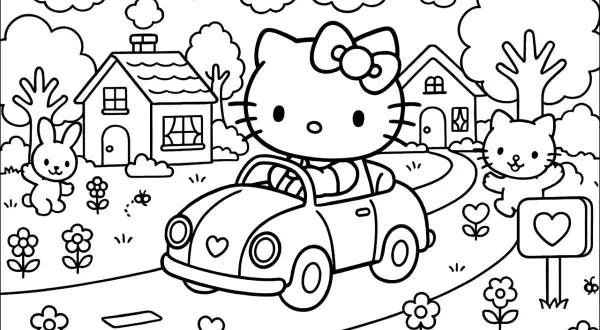 Disegni per bambini: Hello Kitty guida un'auto con un coniglietto e un altro gattino in un paesaggio con case e fiori.