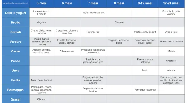 Schema svezzamento 7 mesi: yogurt, pastina, riso, prosciutto cotto, sogliola, trota, platessa, merluzzo, prugne, albicocche, ananas, pesche, agrumi, belpaese, caciotta, fontina.