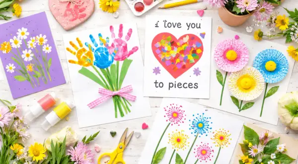 Ecco alcuni disegni per la festa della mamma facili: un bouquet di mani colorate, un cuore con coriandoli e fiori di carta.