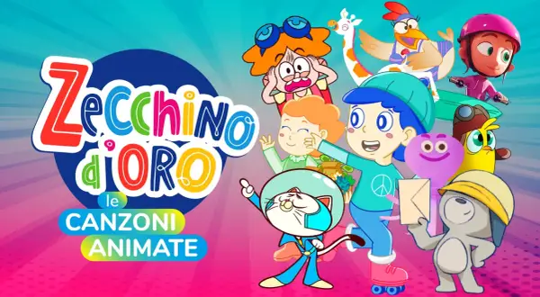 Personaggi colorati e animali animati festeggiano con il logo "Zecchino d'Oro le Canzoni Animate", perfetto per le canzoni di Pasqua per bambini Zecchino d'Oro.