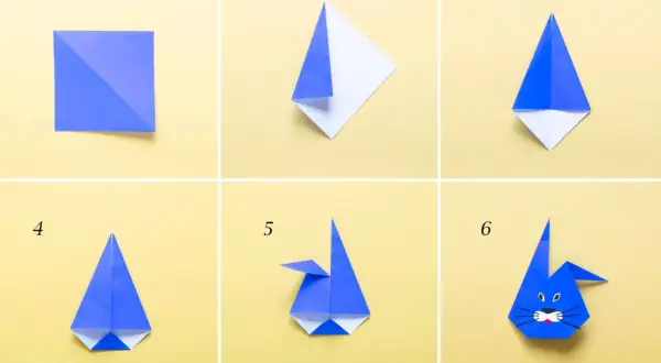 Tutorial origami: crea un coniglietto con lavoretti per bambini di 7-8 anni. Passaggi 1-6 mostrano come piegare la carta.
