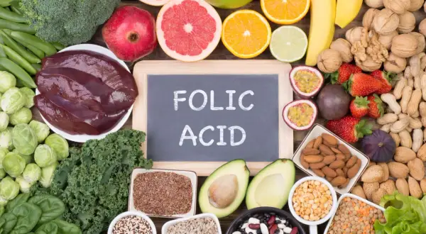 La **folina a cosa serve**? È essenziale per la crescita cellulare. L'immagine mostra alimenti ricchi di folati: verdure a foglia verde, fegato, agrumi, legumi e frutta secca.