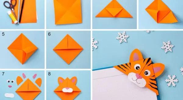 Tutorial per lavoretti con la carta facilissimi: crea un segnalibro tigre con origami. Passaggi illustrati per piegare la carta e assemblare il muso.