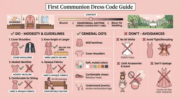 Guida al dress code per le immagini prima comunione: coprire spalle, abiti al ginocchio o midi, tessuti opachi. Evitare bianco, scollature profonde e abiti troppo appariscenti.