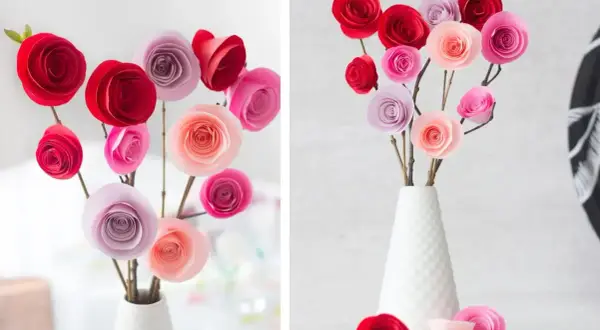 Un bellissimo lavoretto festa mamma: rose di carta rosse, rosa e lilla in un vaso bianco.