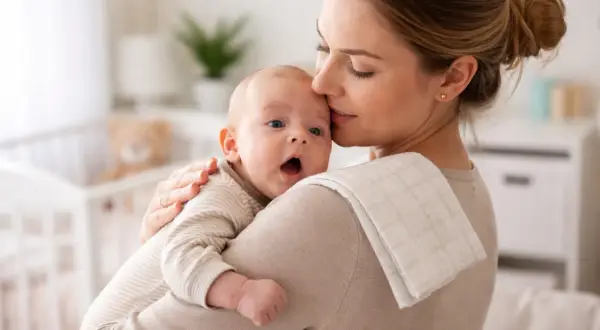 Mamma abbraccia il suo neonato, cercando di capire come far passare il singhiozzo. Il piccolo ha gli occhi spalancati e la bocca aperta.