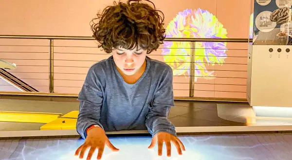Bambino esplora un tavolo interattivo in uno dei musei per bambini, con un'installazione luminosa a forma di cervello sullo sfondo.