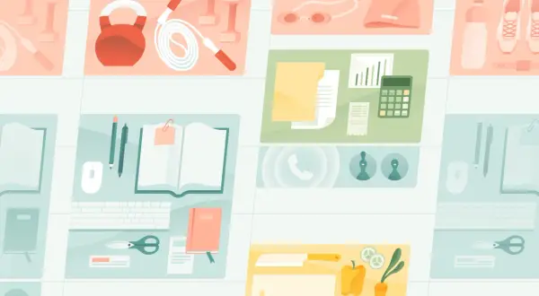Un collage di icone che rappresentano fitness, lavoro d'ufficio, nuoto e cucina. Un promemoria visivo per uno stile di vita equilibrato, forse ispirato al metodo Ogino Knaus.