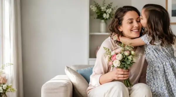 Bambina bacia la mamma che tiene un mazzo di fiori. Un momento dolce che ricorda quand'è la festa della mamma.