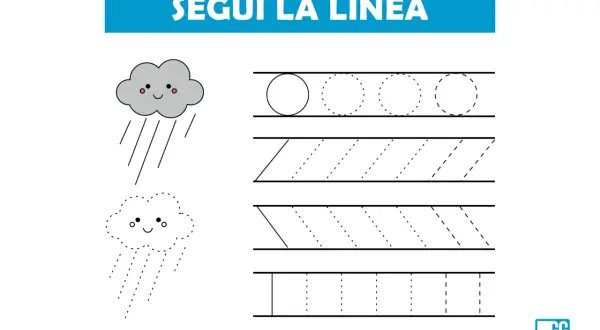 Schede prescrittura per bambini di 5 anni: segui la linea per disegnare le gocce di pioggia e le forme.