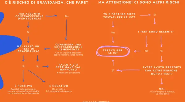 Diagramma di flusso su rischio gravidanza. Se hai avuto un rapporto non protetto, fai un test. Se positivo, consulta un medico. Se negativo, ok.