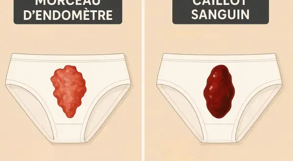 Due slip bianchi mostrano perdite mestruali: uno con un grumo di tessuto endometriale, l'altro con un coagulo sanguigno.