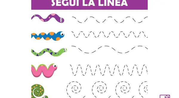 Esercizio di pregrafismo scuola infanzia: vermi colorati da far seguire a linee tratteggiate di varie forme.