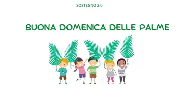 Bambini felici celebrano la Domenica delle Palme con rami verdi, un modo semplice per spiegare la festa ai più piccoli.