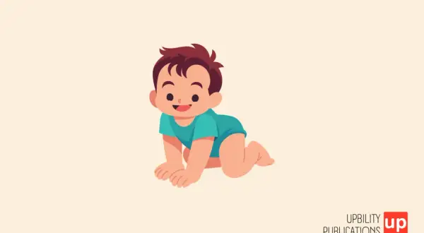 Bambino 3 anni, con capelli castani e maglietta turchese, gattona sorridendo su sfondo chiaro.