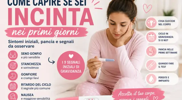 Donna con test di gravidanza in mano, con sintomi per capire se sta arrivando il ciclo o sei incinta.