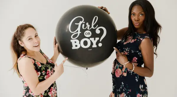 Due donne sorridono tenendo un palloncino nero con scritto "Girl or Boy?". Il **gender reveal significato** è l'attesa di una nuova vita.