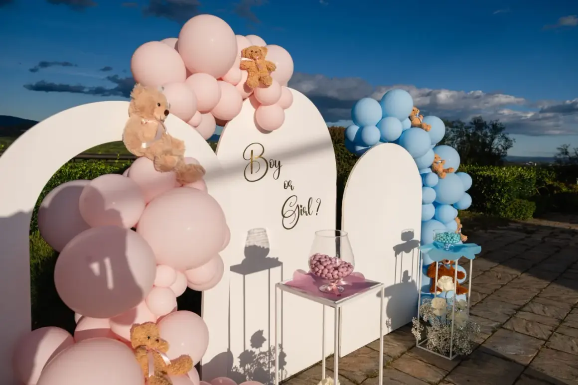 Decorazioni per baby shower: palloncini rosa e azzurri, orsetti e la domanda "Boy or Girl?".