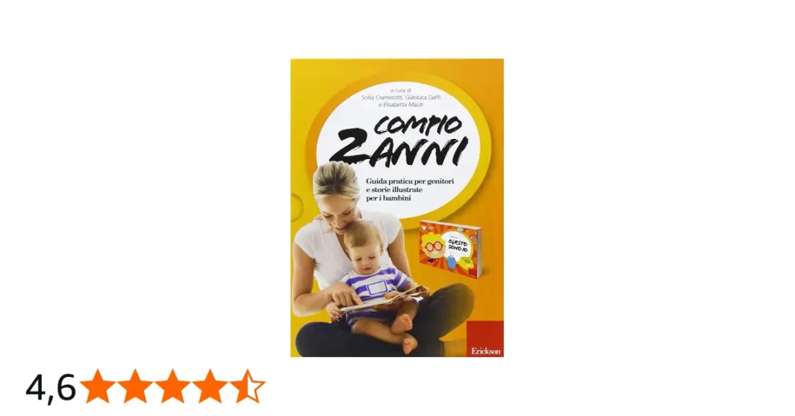 Mamma legge un libro a un bambino di 2 anni. La copertina del libro recita "Compio 2 anni", una guida per genitori e storie illustrate.