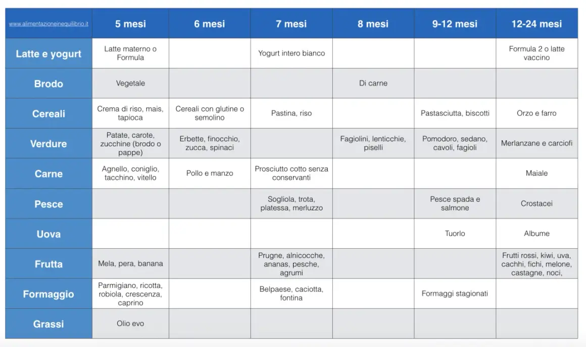 Tabella svezzamento 4 mesi: latte, brodo vegetale, cereali, verdure, carne, pesce, uova, frutta, formaggi e grassi.