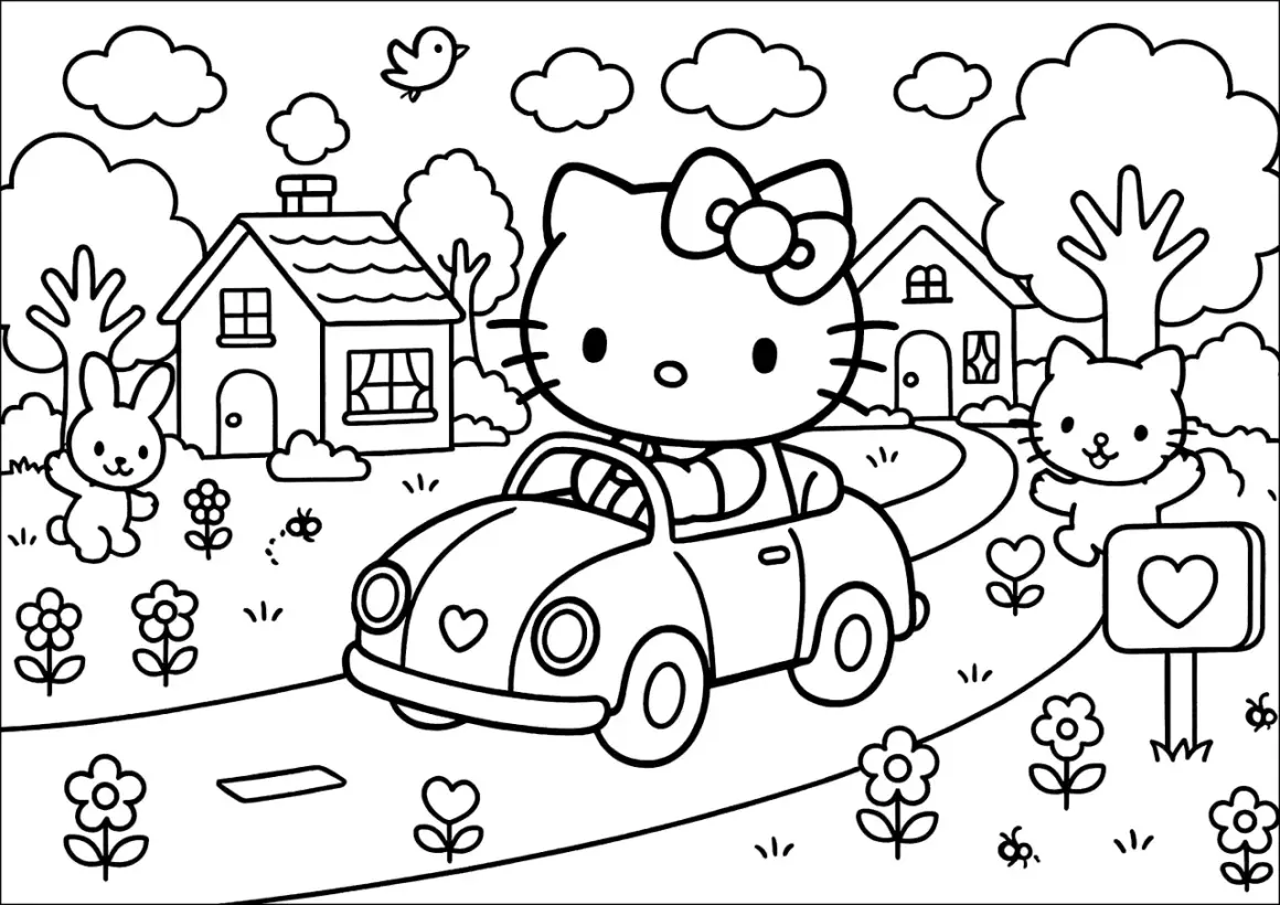 Disegni per bambini: Hello Kitty guida un'auto con un coniglietto e un altro gattino in un paesaggio con case e fiori.
