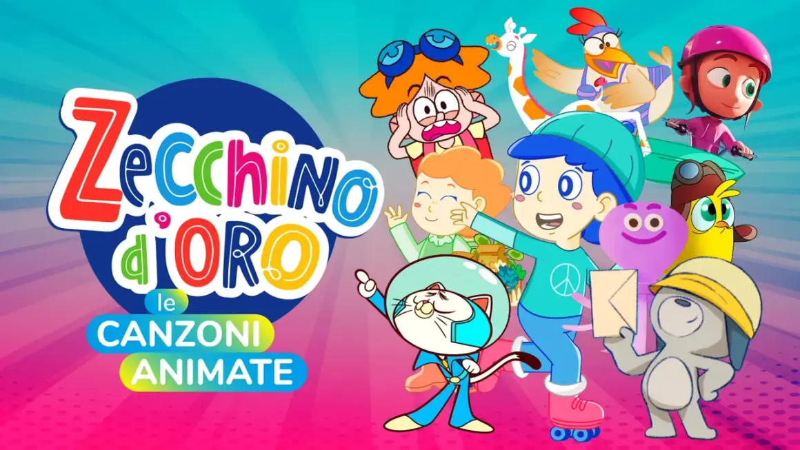 Personaggi colorati e animali animati festeggiano con il logo "Zecchino d'Oro le Canzoni Animate", perfetto per le canzoni di Pasqua per bambini Zecchino d'Oro.