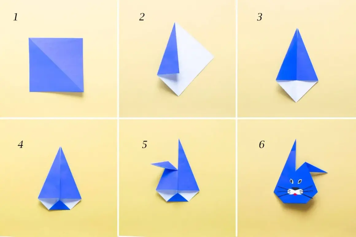 Tutorial origami: crea un coniglietto con lavoretti per bambini di 7-8 anni. Passaggi 1-6 mostrano come piegare la carta.