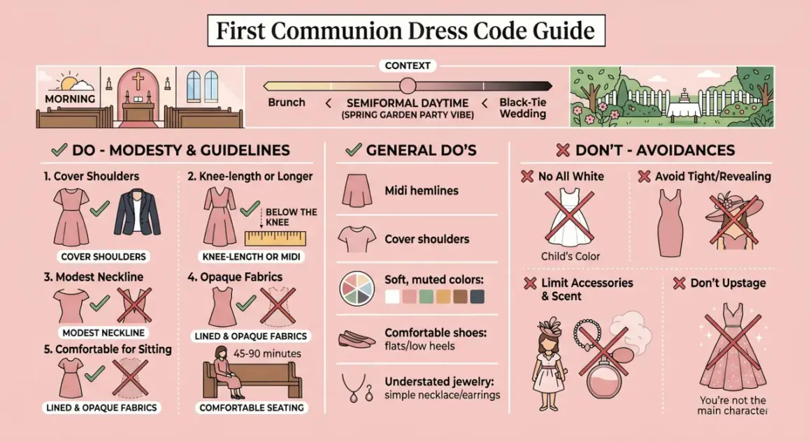 Guida al dress code per le immagini prima comunione: coprire spalle, abiti al ginocchio o midi, tessuti opachi. Evitare bianco, scollature profonde e abiti troppo appariscenti.