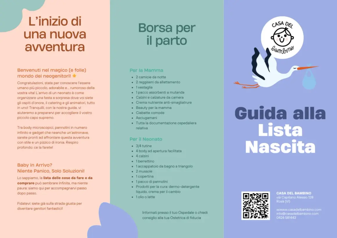 Guida alla lista nascita preimpostata con consigli per mamma e neonato. Stork porta un fagotto.